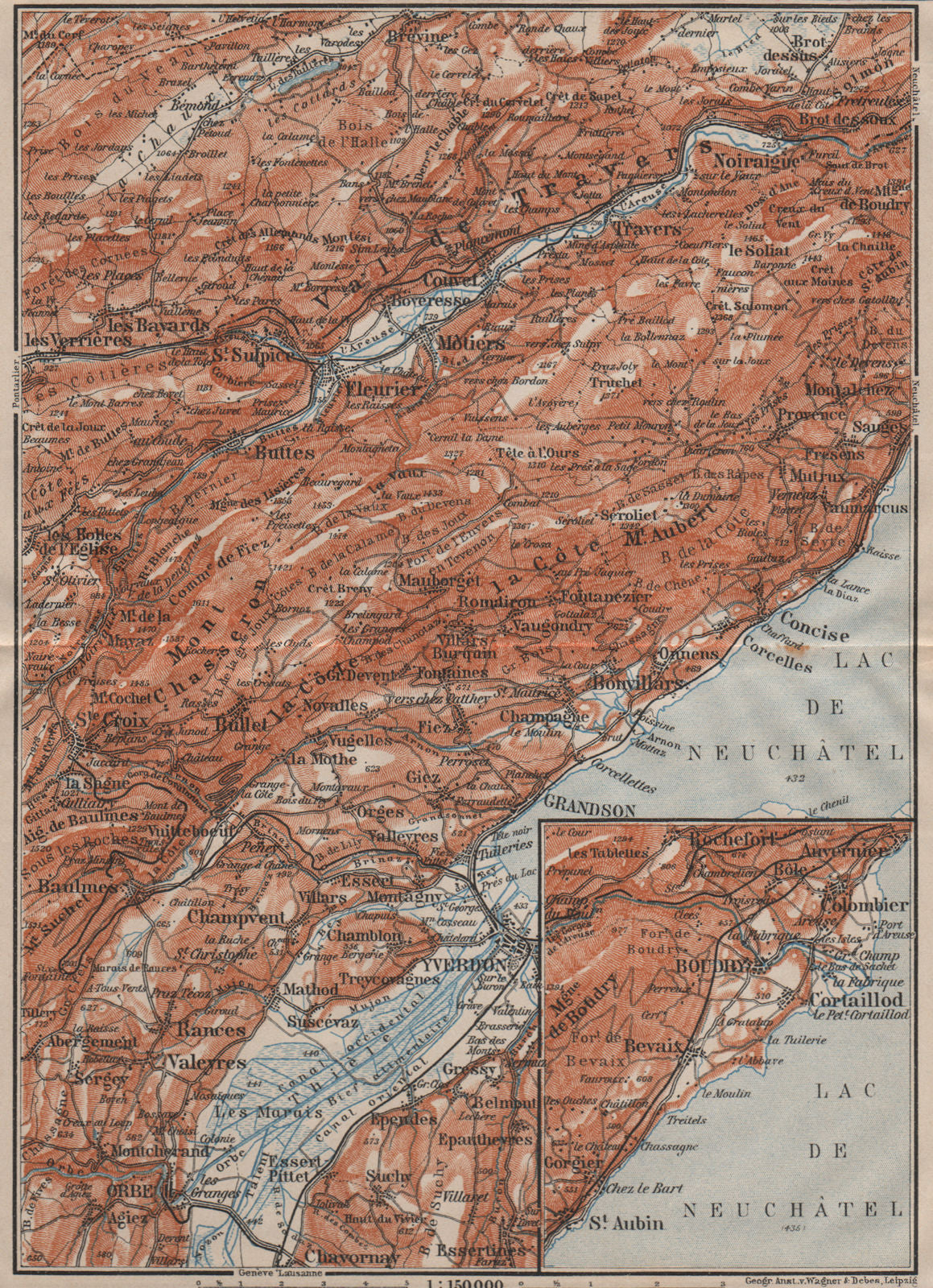 JURA. Val-de-Travers Orbe Noiraigue Yverdon Grandson Môtiers Buttes 1911 map